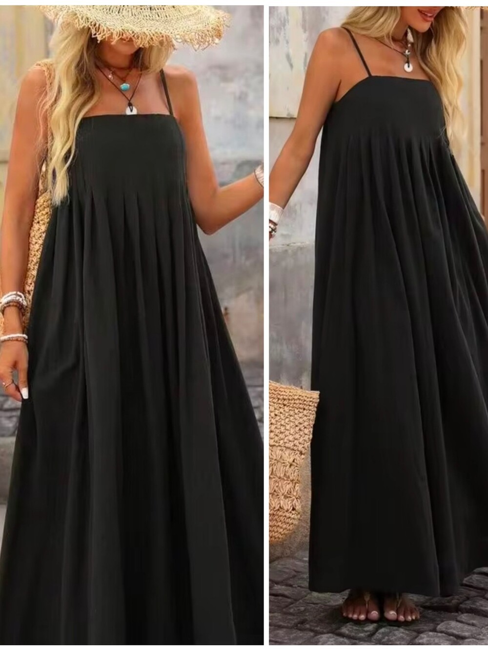 New Boho Loose Cotton Cami Maxi Dress Spaghetti Strap Black